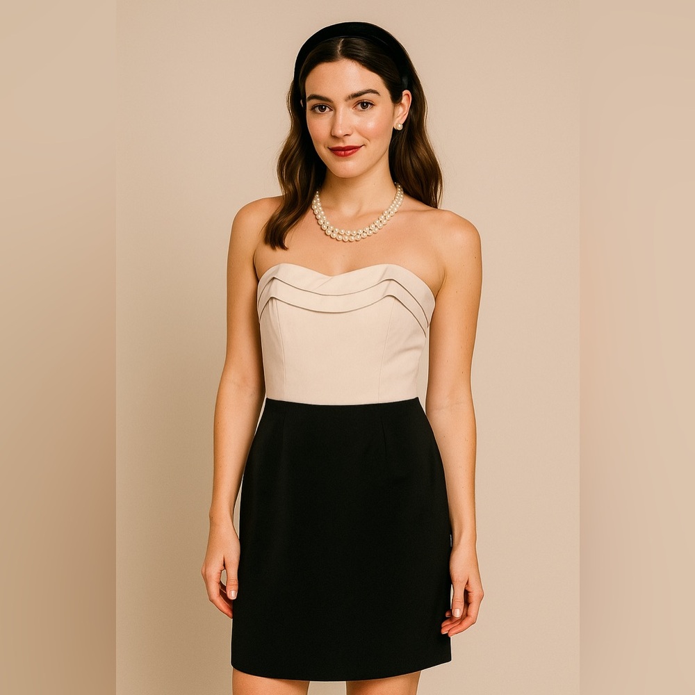 H&M tan & black color block strapless sheath dress size 8 cocktail party wedding